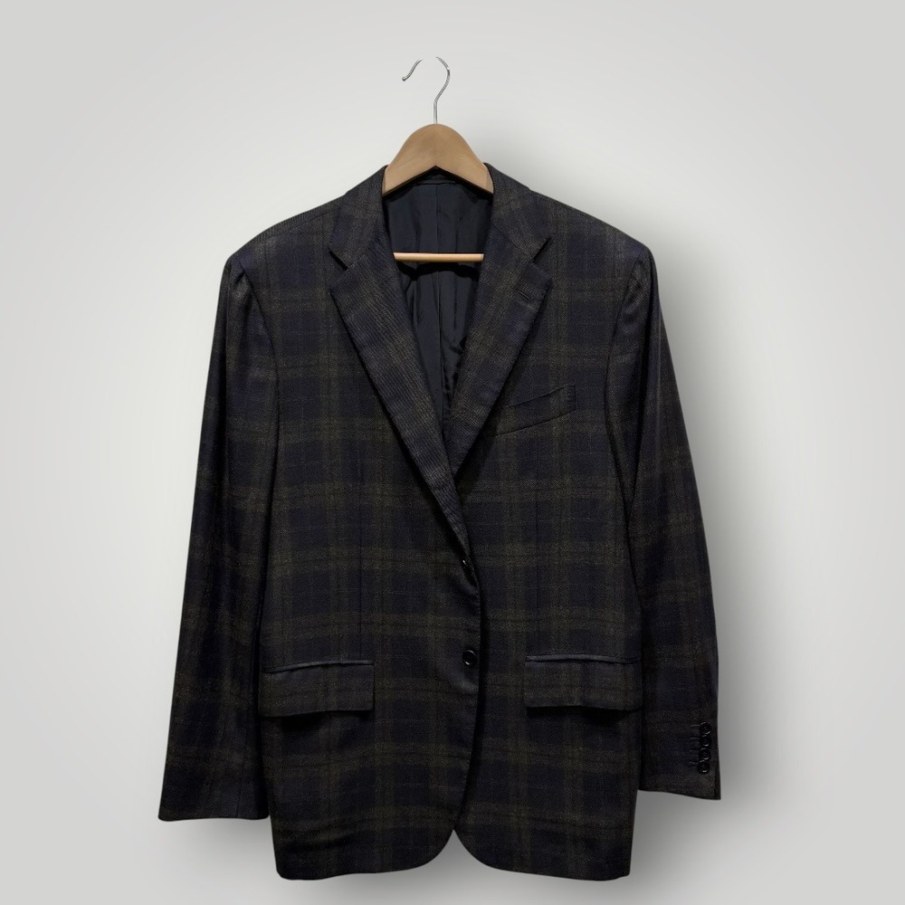 Kiton‎ 100% Cashmere Blazer Mens 52 IT/ 42R US Plaid Navy Blue Olive Green Italy